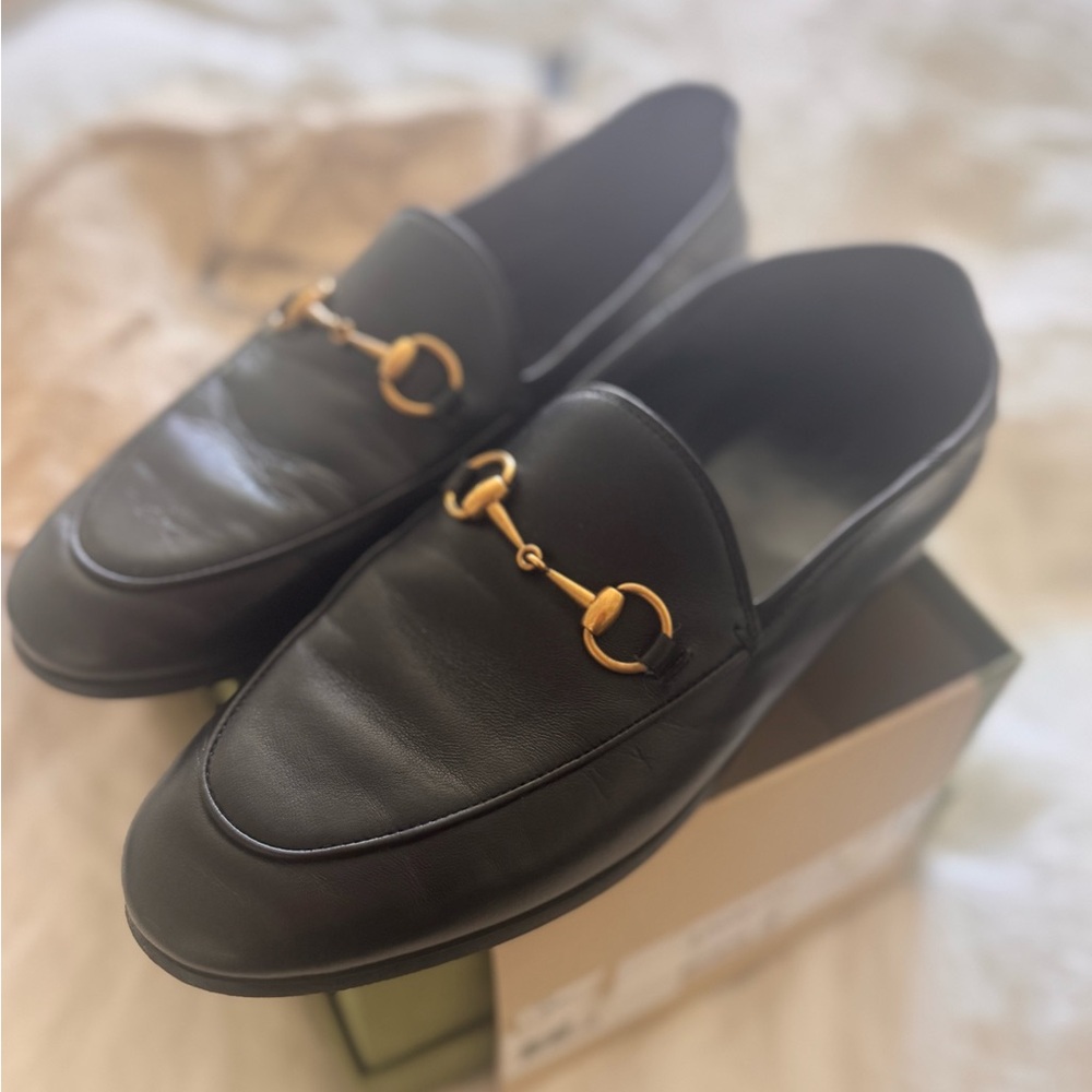 Gucci Brixton Black Leather Loafers with Gold Horsebit